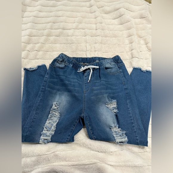 Drawstring Waist Ripped Raw cut skinny Jeans - Picture 2 of 4